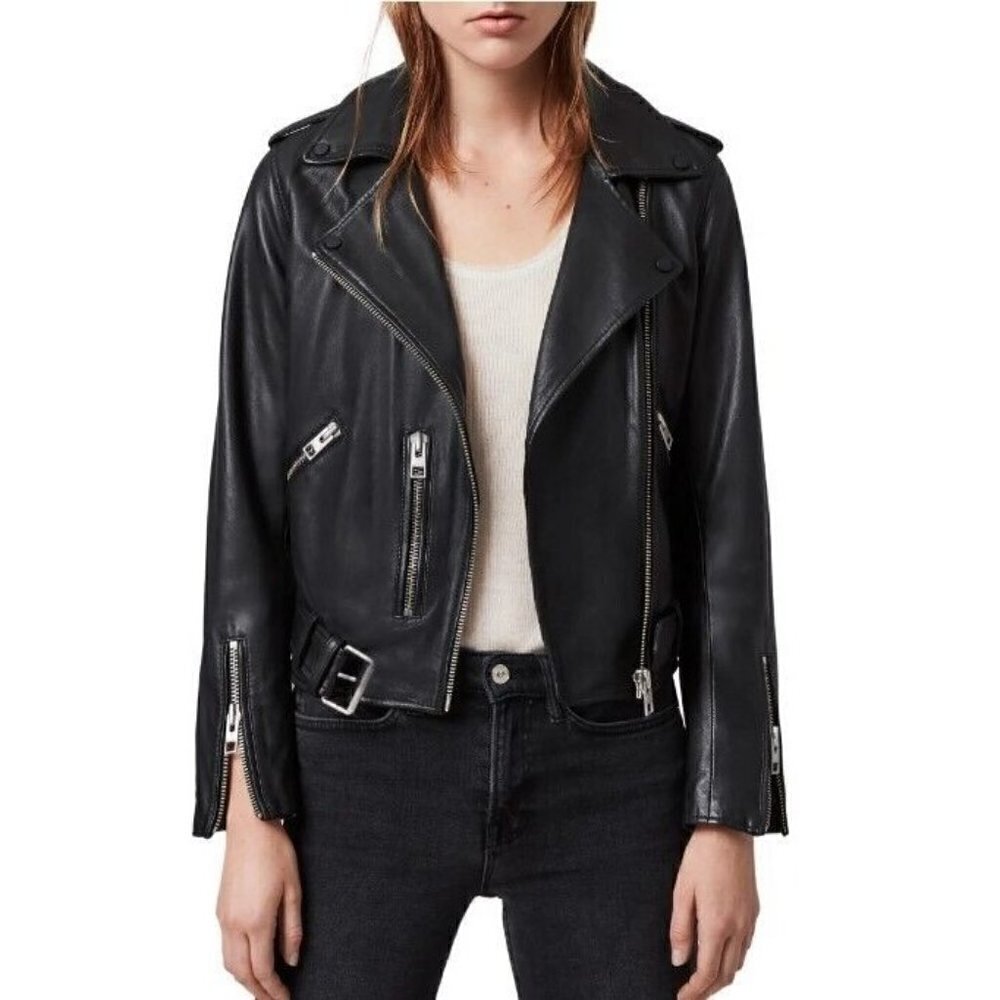 New Allsaints Balfern Leather Biker Jacket Womens 4 Black Moto Buckle Zippers